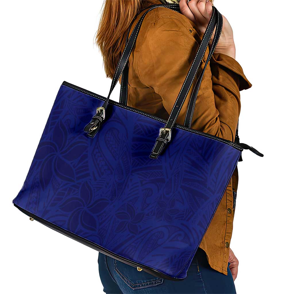 Blue Polynesia Leather Tote Bag Polynesian Pattern Mix Plumeria