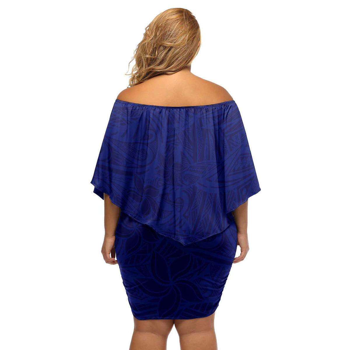Blue Polynesia Off Shoulder Short Dress Polynesian Pattern Mix Plumeria