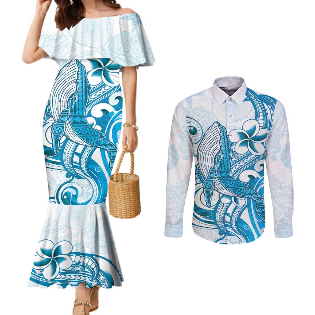 Blue Hawaii Humpback Whale Couples Matching Mermaid Dress and Long Sleeve Button Shirt Polynesian Tribal Ocean Vibes