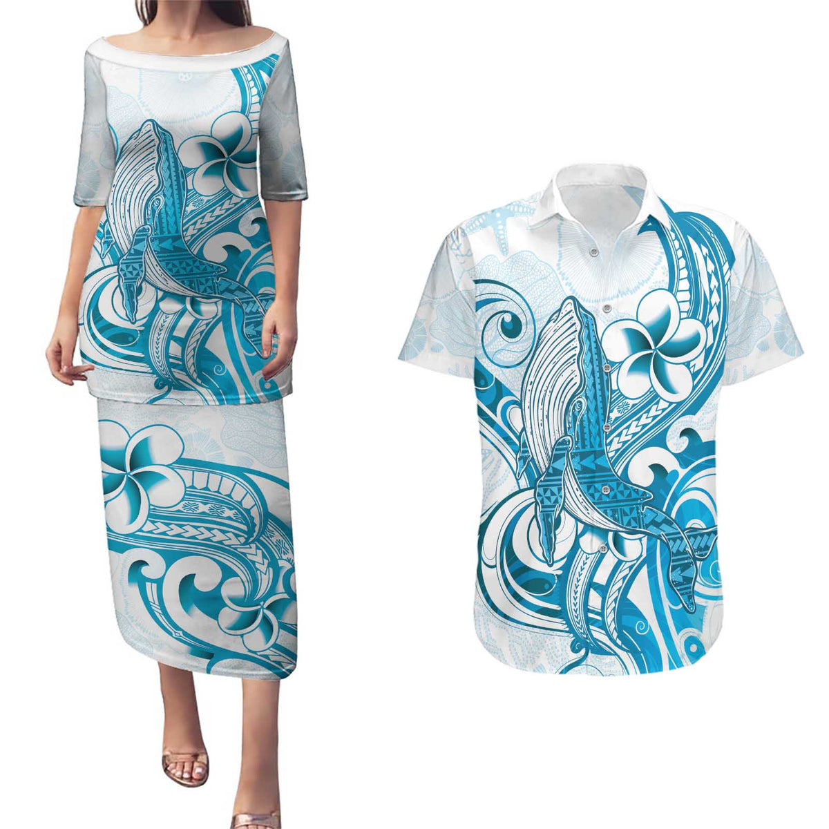 Blue Hawaii Humpback Whale Couples Matching Puletasi and Hawaiian Shirt Polynesian Tribal Ocean Vibes
