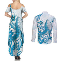 Blue Hawaii Humpback Whale Couples Matching Summer Maxi Dress and Long Sleeve Button Shirt Polynesian Tribal Ocean Vibes