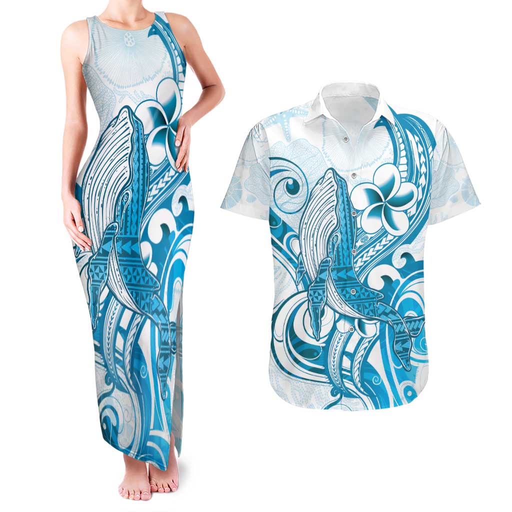 Blue Hawaii Humpback Whale Couples Matching Tank Maxi Dress and Hawaiian Shirt Polynesian Tribal Ocean Vibes
