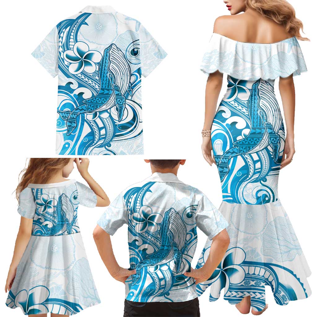 Blue Hawaii Humpback Whale Family Matching Mermaid Dress and Hawaiian Shirt Polynesian Tribal Ocean Vibes