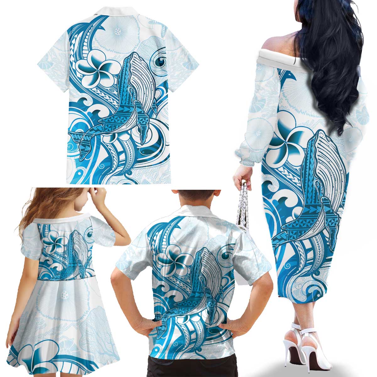Blue Hawaii Humpback Whale Family Matching Off The Shoulder Long Sleeve Dress and Hawaiian Shirt Polynesian Tribal Ocean Vibes