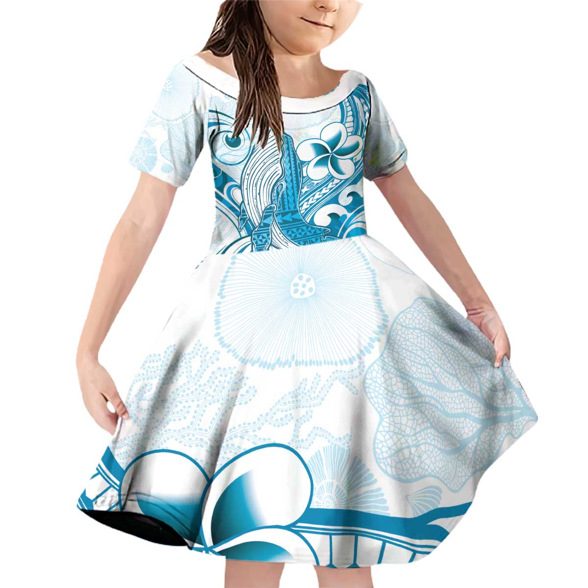 Blue Hawaii Humpback Whale Family Matching Off Shoulder Short Dress and Hawaiian Shirt Polynesian Tribal Ocean Vibes