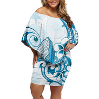 Blue Hawaii Humpback Whale Off Shoulder Short Dress Polynesian Tribal Ocean Vibes