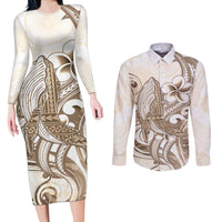 Brown Hawaii Humpback Whale Couples Matching Long Sleeve Bodycon Dress and Long Sleeve Button Shirt Polynesian Tribal Ocean Vibes