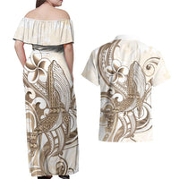 Brown Hawaii Humpback Whale Couples Matching Off Shoulder Maxi Dress and Hawaiian Shirt Polynesian Tribal Ocean Vibes