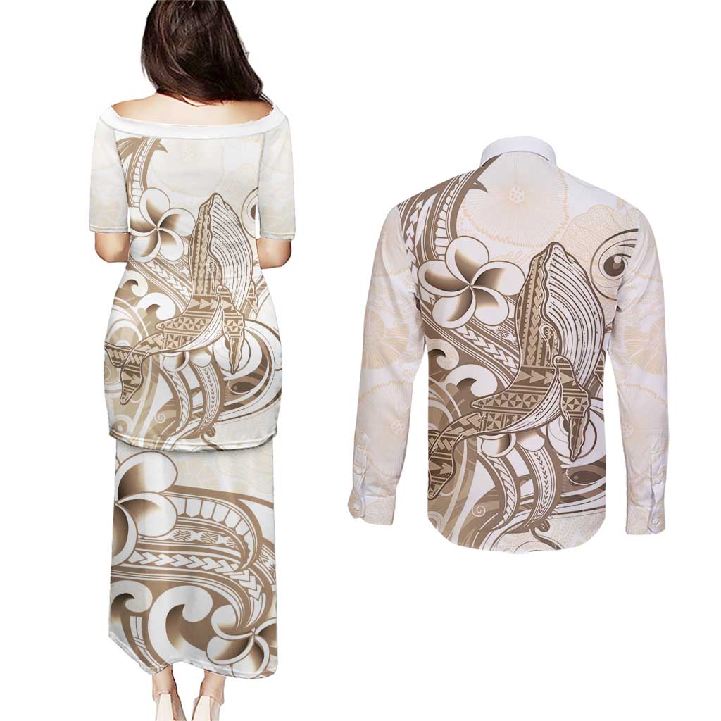 Brown Hawaii Humpback Whale Couples Matching Puletasi and Long Sleeve Button Shirt Polynesian Tribal Ocean Vibes