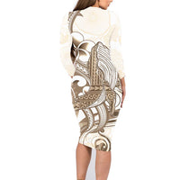 Brown Hawaii Humpback Whale Family Matching Long Sleeve Bodycon Dress and Hawaiian Shirt Polynesian Tribal Ocean Vibes