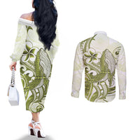 Lime Green Hawaii Couples Matching Off The Shoulder Long Sleeve Dress and Long Sleeve Button Shirt Humpback Whale Tattoo Polynesian Tribal Ocean Vibes