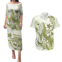 Lime Green Hawaii Couples Matching Puletasi and Hawaiian Shirt Humpback Whale Tattoo Polynesian Tribal Ocean Vibes