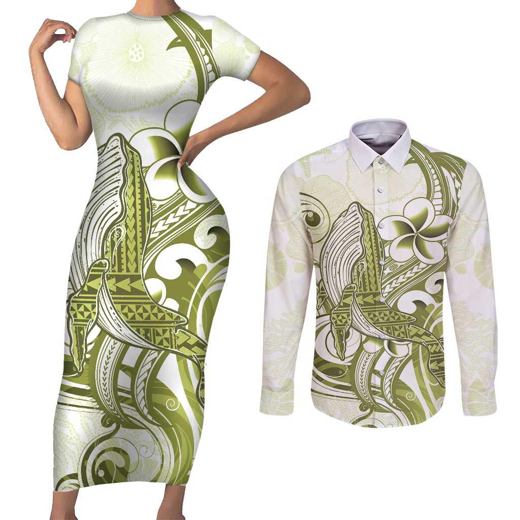 Lime Green Hawaii Couples Matching Short Sleeve Bodycon Dress and Long Sleeve Button Shirt Humpback Whale Tattoo Polynesian Tribal Ocean Vibes