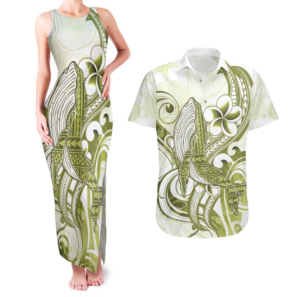Lime Green Hawaii Couples Matching Tank Maxi Dress and Hawaiian Shirt Humpback Whale Tattoo Polynesian Tribal Ocean Vibes
