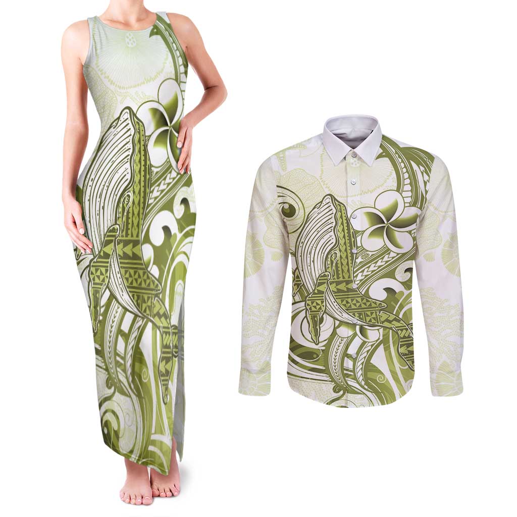 Lime Green Hawaii Couples Matching Tank Maxi Dress and Long Sleeve Button Shirt Humpback Whale Tattoo Polynesian Tribal Ocean Vibes