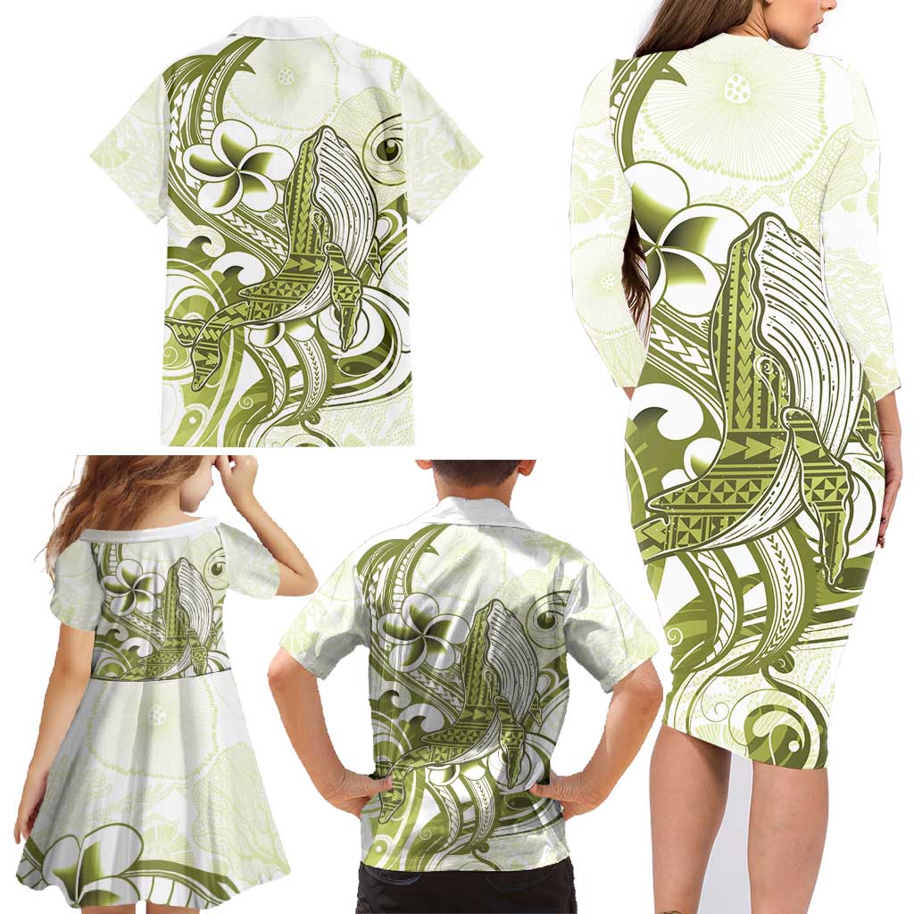 Lime Green Hawaii Family Matching Long Sleeve Bodycon Dress and Hawaiian Shirt Humpback Whale Tattoo Polynesian Tribal Ocean Vibes