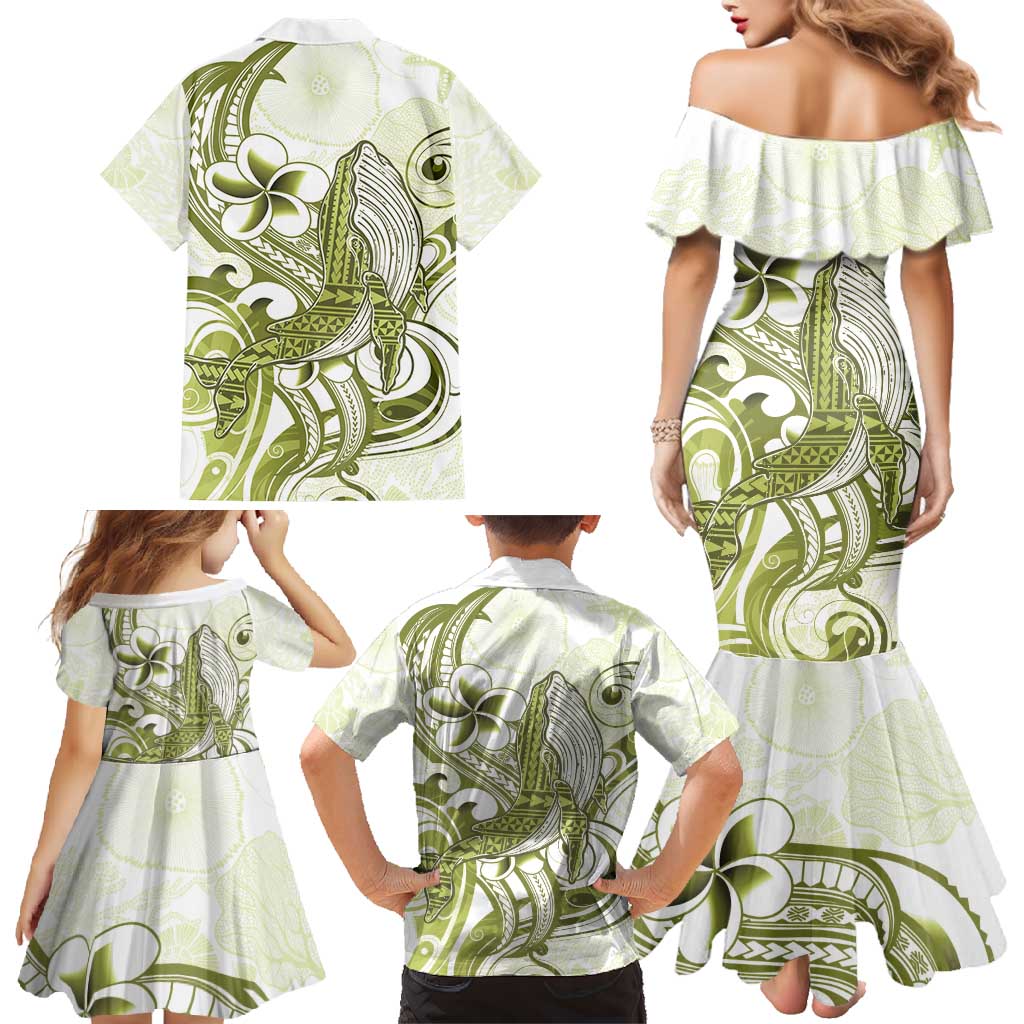 Lime Green Hawaii Family Matching Mermaid Dress and Hawaiian Shirt Humpback Whale Tattoo Polynesian Tribal Ocean Vibes