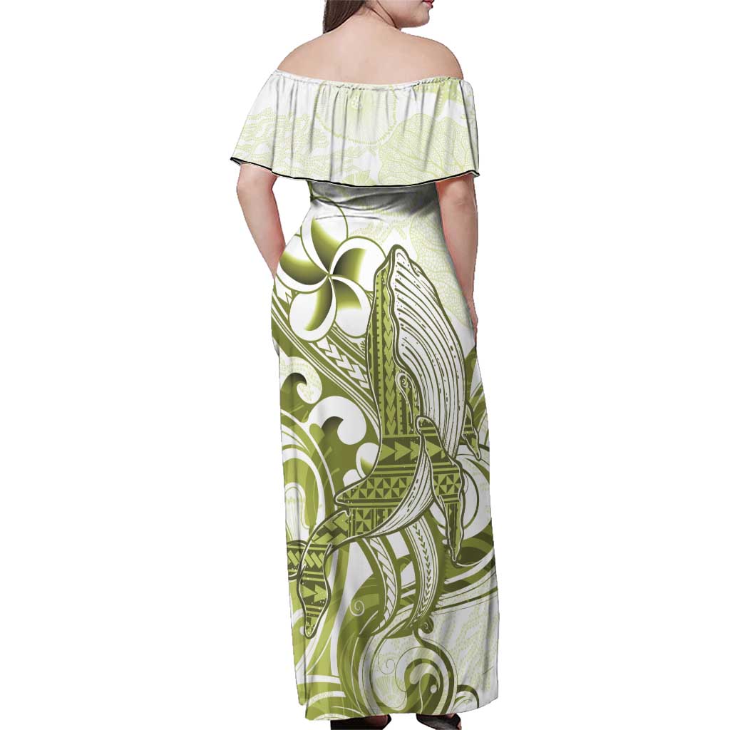Lime Green Hawaii Family Matching Off Shoulder Maxi Dress and Hawaiian Shirt Humpback Whale Tattoo Polynesian Tribal Ocean Vibes
