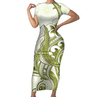Lime Green Hawaii Short Sleeve Bodycon Dress Humpback Whale Tattoo Polynesian Tribal Ocean Vibes