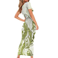 Lime Green Hawaii Short Sleeve Bodycon Dress Humpback Whale Tattoo Polynesian Tribal Ocean Vibes