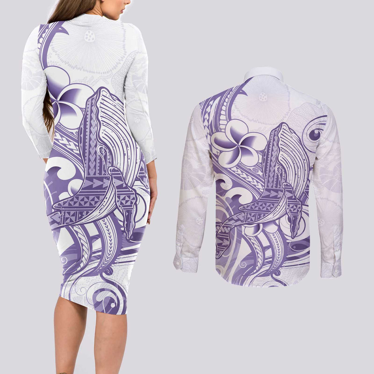 Purple Hawaii Couples Matching Long Sleeve Bodycon Dress and Long Sleeve Button Shirt Humpback Whale Tattoo Polynesian Tribal Ocean Vibes