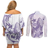 Purple Hawaii Couples Matching Off Shoulder Short Dress and Long Sleeve Button Shirt Humpback Whale Tattoo Polynesian Tribal Ocean Vibes