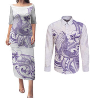 Purple Hawaii Couples Matching Puletasi and Long Sleeve Button Shirt Humpback Whale Tattoo Polynesian Tribal Ocean Vibes