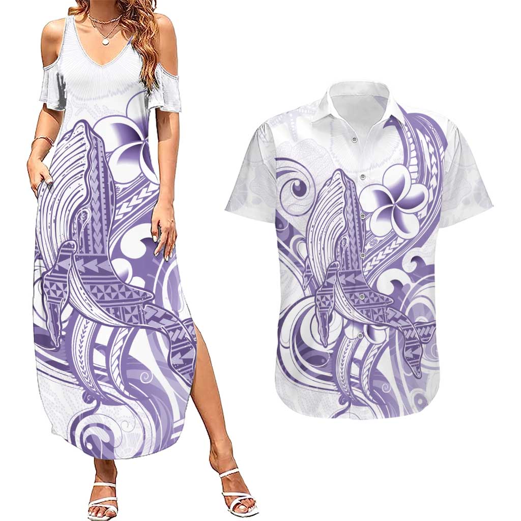 Purple Hawaii Couples Matching Summer Maxi Dress and Hawaiian Shirt Humpback Whale Tattoo Polynesian Tribal Ocean Vibes