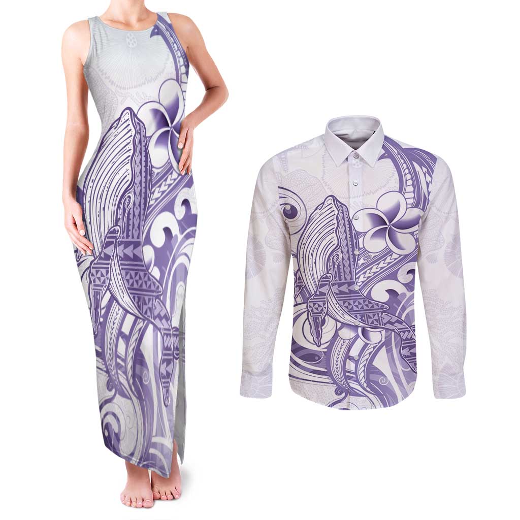 Purple Hawaii Couples Matching Tank Maxi Dress and Long Sleeve Button Shirt Humpback Whale Tattoo Polynesian Tribal Ocean Vibes