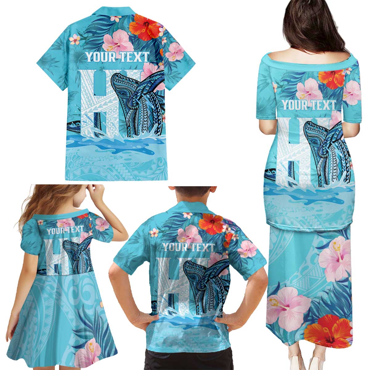 Personalised Hawaii Family Matching Puletasi and Hawaiian Shirt Humpback Whale Tattoo With Tropical Flowers