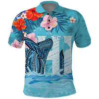 Personalised Hawaii Polo Shirt Humpback Whale Tattoo With Tropical Flowers LT14 Blue - Polynesian Pride