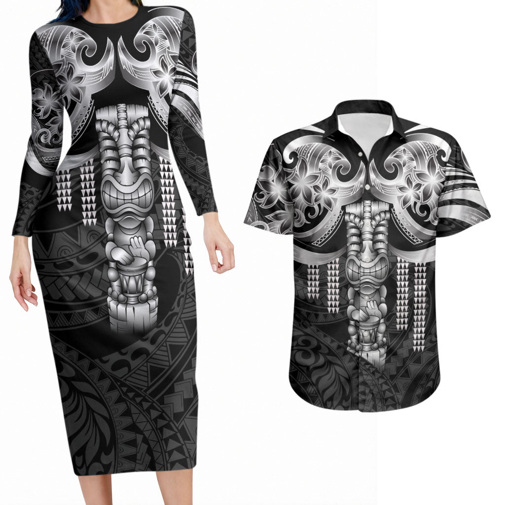 Tiki Drum Hawaii Couples Matching Long Sleeve Bodycon Dress and Hawaiian Shirt Hawaiian Kakau Tattoo Style LT14 Black - Polynesian Pride