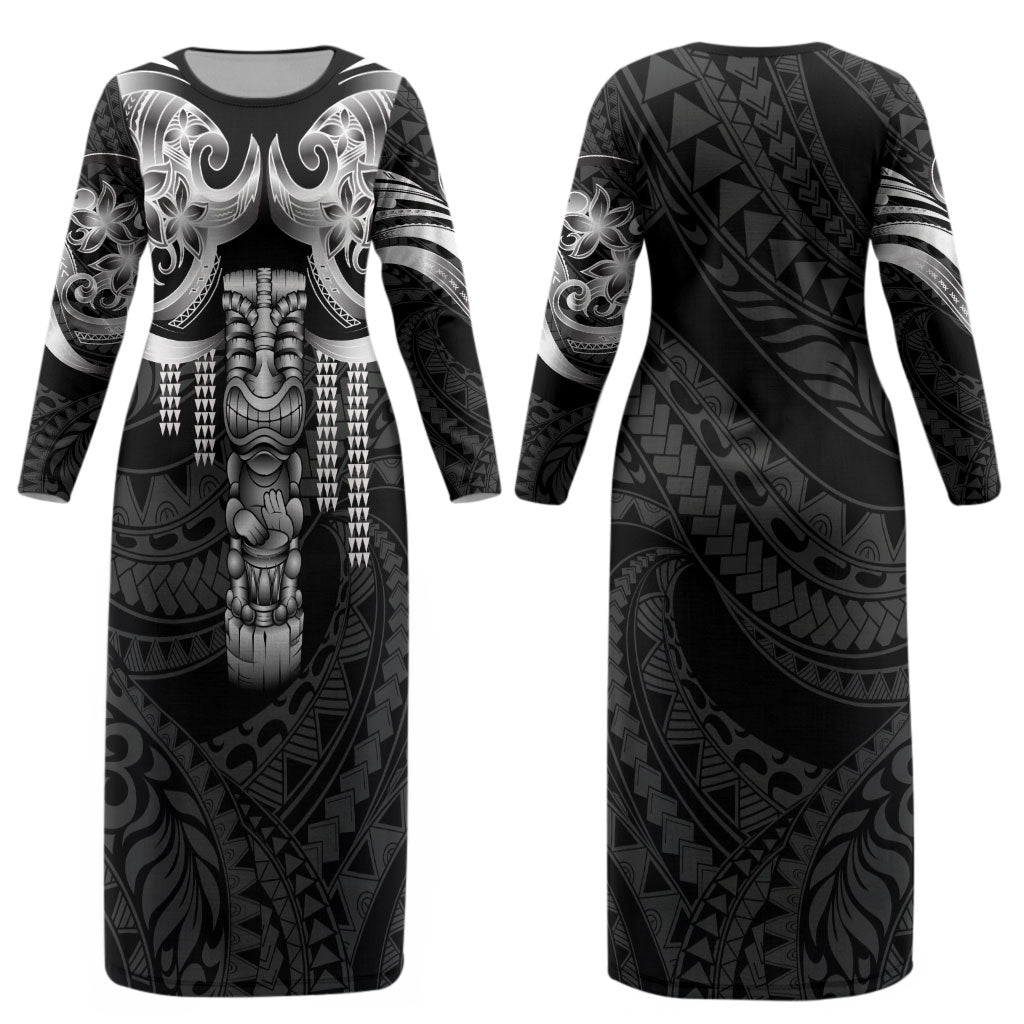 Tiki Drum Hawaii Couples Matching Long Sleeve Bodycon Dress and Hawaiian Shirt Hawaiian Kakau Tattoo Style LT14 - Polynesian Pride