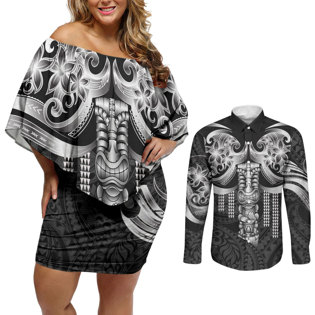 Tiki Drum Hawaii Couples Matching Off Shoulder Short Dress and Long Sleeve Button Shirt Hawaiian Kakau Tattoo Style LT14 Black - Polynesian Pride
