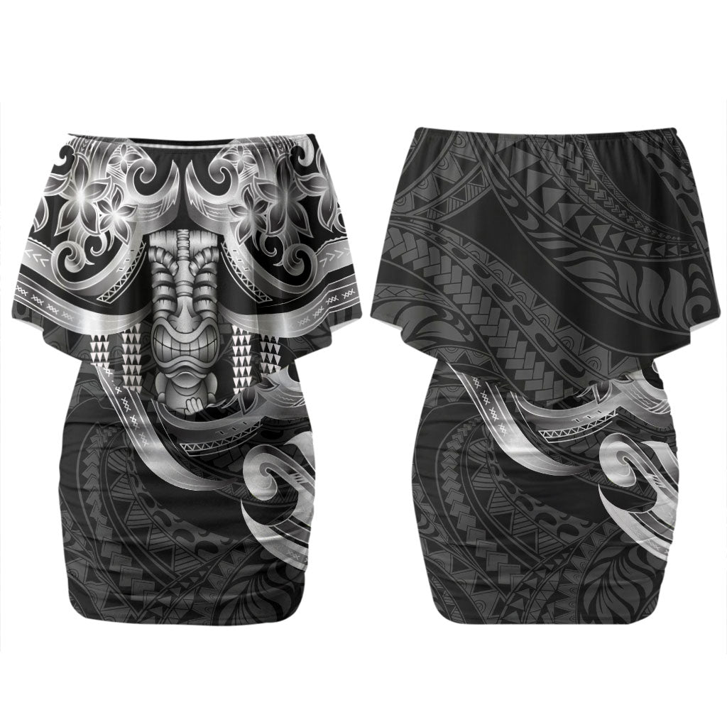 Tiki Drum Hawaii Couples Matching Off Shoulder Short Dress and Long Sleeve Button Shirt Hawaiian Kakau Tattoo Style LT14 - Polynesian Pride