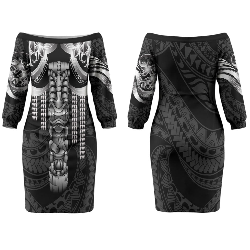 Tiki Drum Hawaii Couples Matching Off The Shoulder Long Sleeve Dress and Hawaiian Shirt Hawaiian Kakau Tattoo Style LT14 - Polynesian Pride