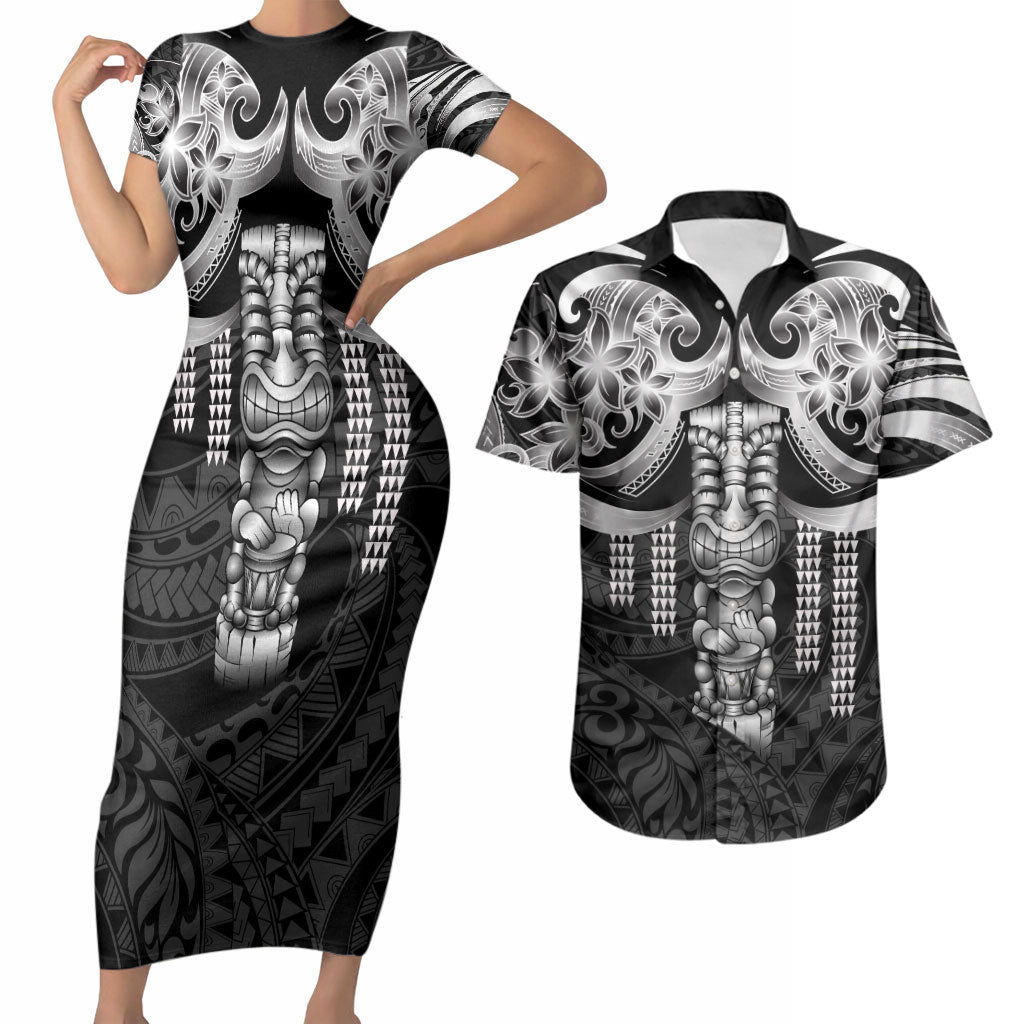 Tiki Drum Hawaii Couples Matching Short Sleeve Bodycon Dress and Hawaiian Shirt Hawaiian Kakau Tattoo Style LT14 Black - Polynesian Pride