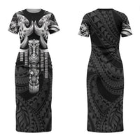 Tiki Drum Hawaii Couples Matching Short Sleeve Bodycon Dress and Hawaiian Shirt Hawaiian Kakau Tattoo Style LT14 - Polynesian Pride