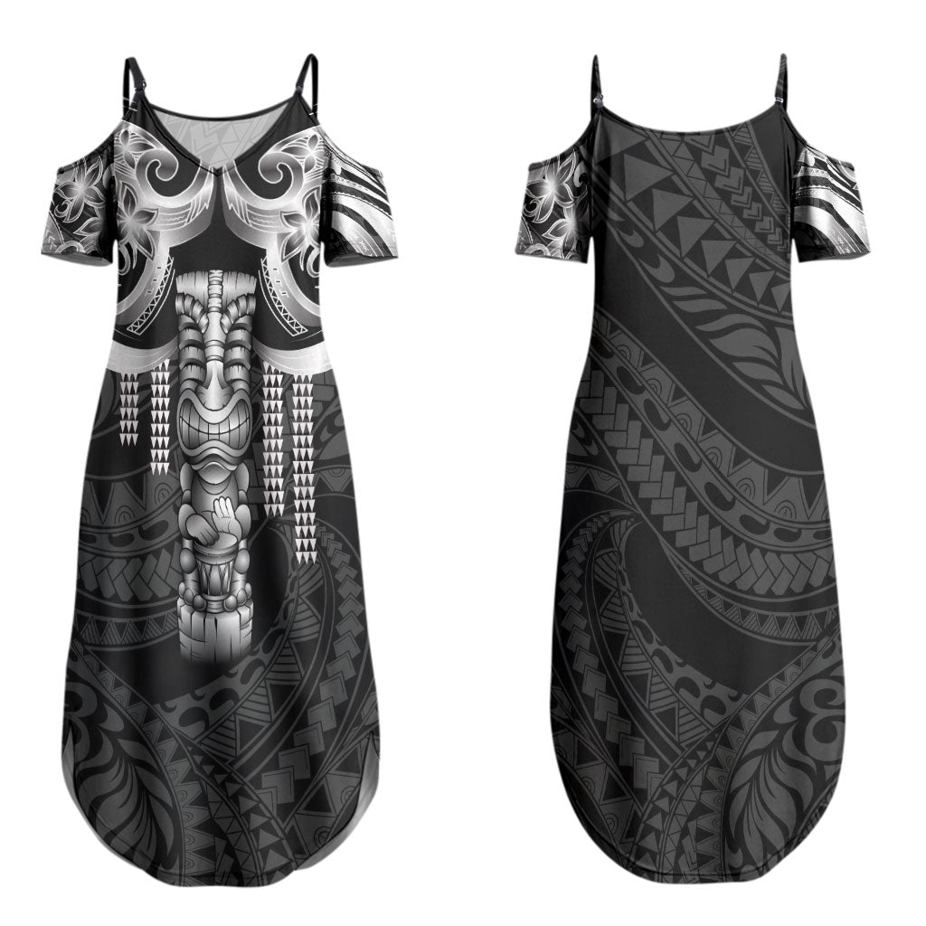 Tiki Drum Hawaii Couples Matching Summer Maxi Dress and Long Sleeve Button Shirt Hawaiian Kakau Tattoo Style LT14 - Polynesian Pride