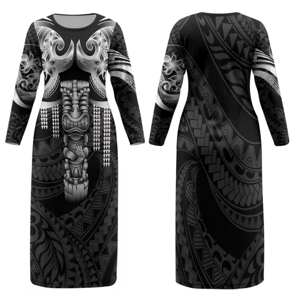 Tiki Drum Hawaii Family Matching Long Sleeve Bodycon Dress and Hawaiian Shirt Hawaiian Kakau Tattoo Style LT14 Mom's Dress Black - Polynesian Pride