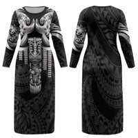 Tiki Drum Hawaii Family Matching Long Sleeve Bodycon Dress and Hawaiian Shirt Hawaiian Kakau Tattoo Style LT14 Mom's Dress Black - Polynesian Pride