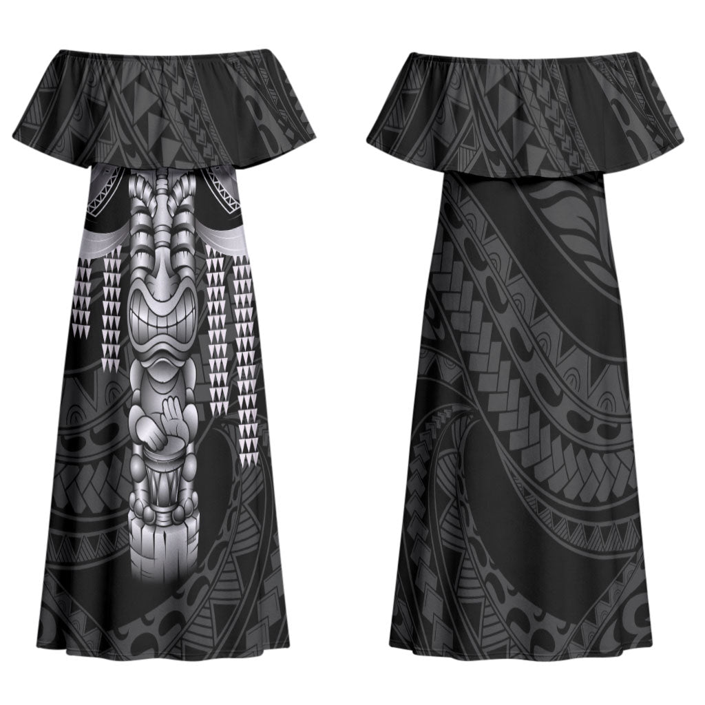 Tiki Drum Hawaii Family Matching Off Shoulder Maxi Dress and Hawaiian Shirt Hawaiian Kakau Tattoo Style LT14 Mom's Dress Black - Polynesian Pride