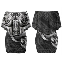 Tiki Drum Hawaii Family Matching Off Shoulder Short Dress and Hawaiian Shirt Hawaiian Kakau Tattoo Style LT14 Mom's Dress Black - Polynesian Pride