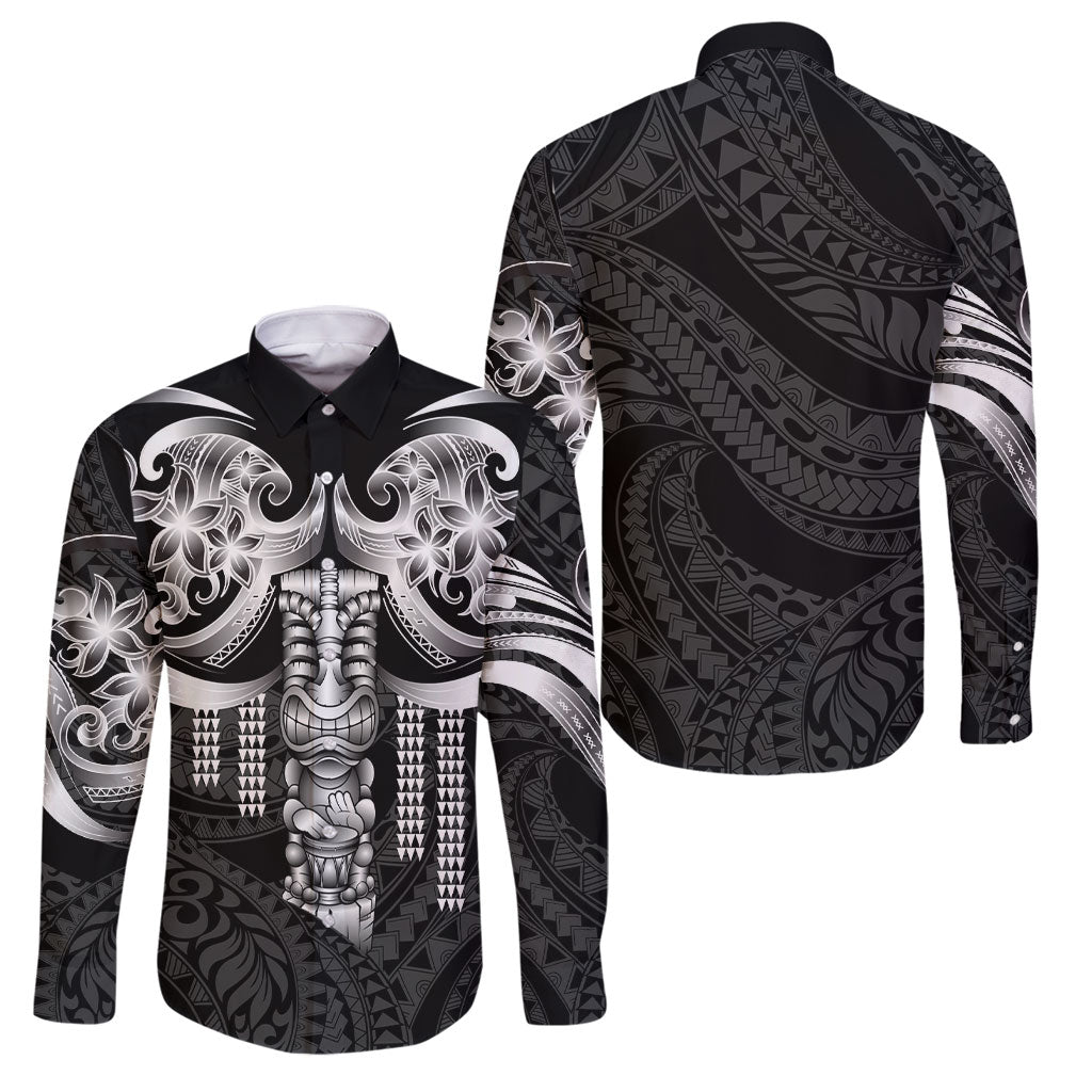 Tiki Drum Hawaii Family Matching Puletasi and Hawaiian Shirt Hawaiian Kakau Tattoo Style LT14 Dad's Shirt - Long Sleeve Black - Polynesian Pride