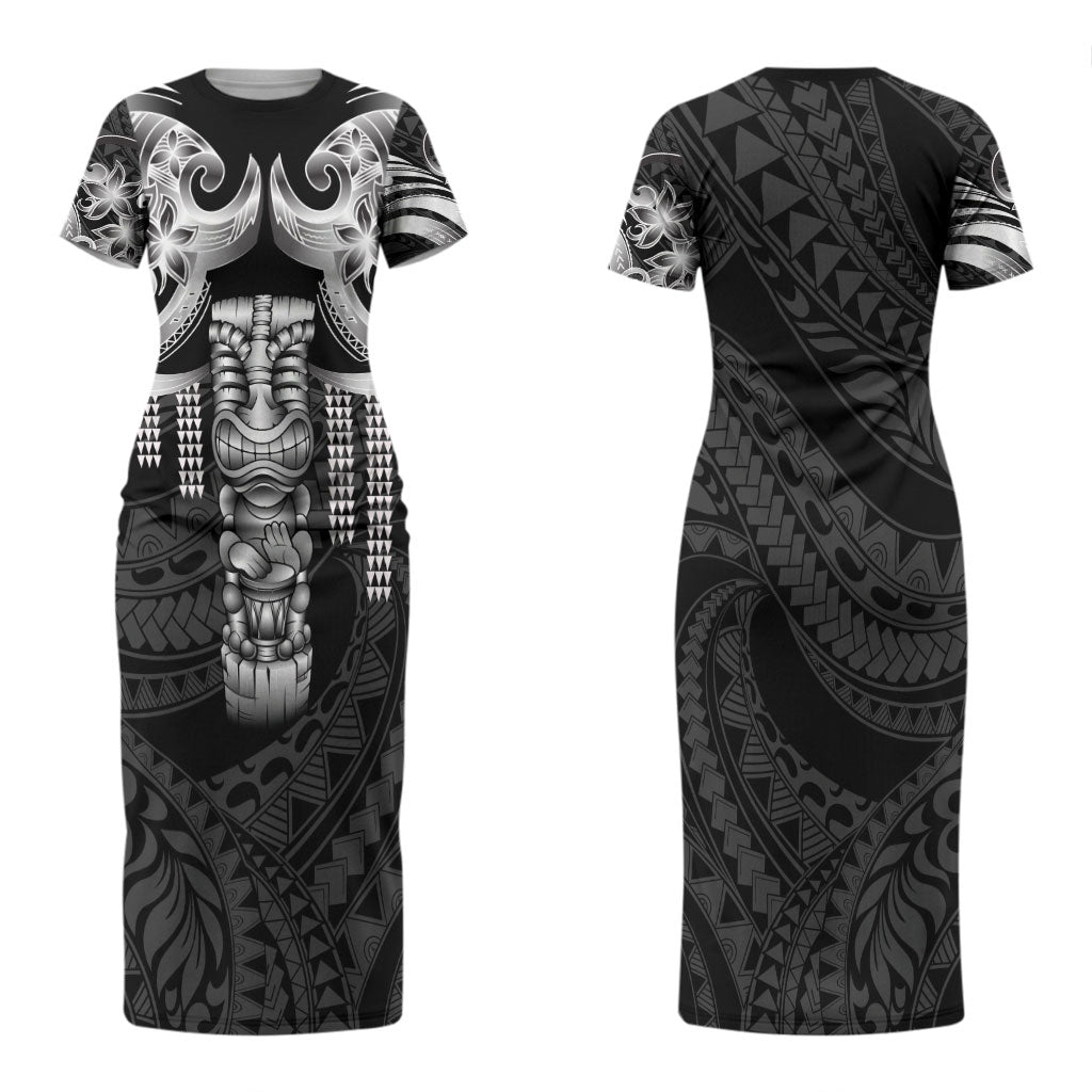 Tiki Drum Hawaii Family Matching Short Sleeve Bodycon Dress and Hawaiian Shirt Hawaiian Kakau Tattoo Style LT14 Mom's Dress Black - Polynesian Pride