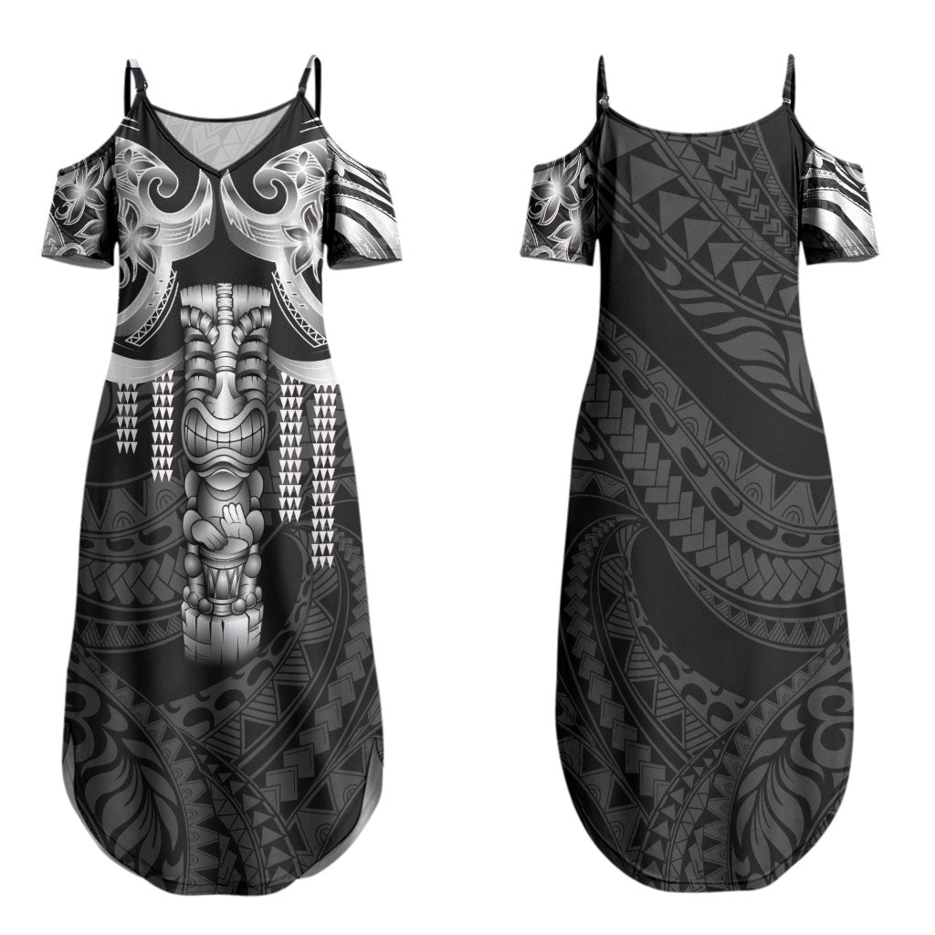 Tiki Drum Hawaii Family Matching Summer Maxi Dress and Hawaiian Shirt Hawaiian Kakau Tattoo Style LT14 Mom's Dress Black - Polynesian Pride