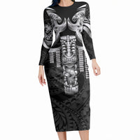 Tiki Drum Hawaii Long Sleeve Bodycon Dress Hawaiian Kakau Tattoo Style LT14 Long Dress Black - Polynesian Pride