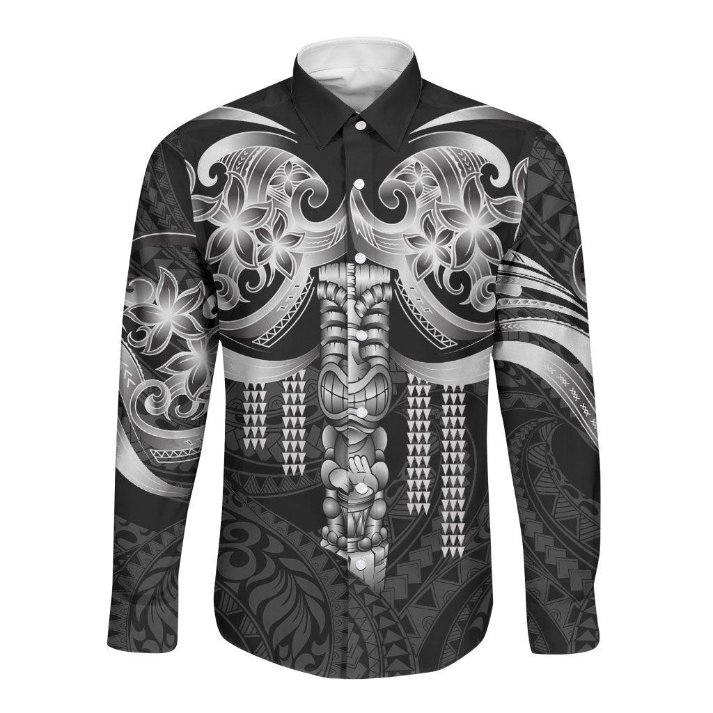 Tiki Drum Hawaii Long Sleeve Button Shirt Hawaiian Kakau Tattoo Style LT14 Unisex Black - Polynesian Pride