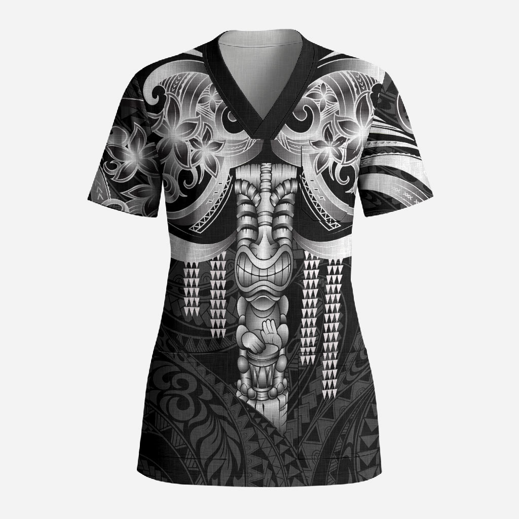 Tiki Drum Hawaii Scrub Top Hawaiian Kakau Tattoo Style LT14 Adult Black - Polynesian Pride