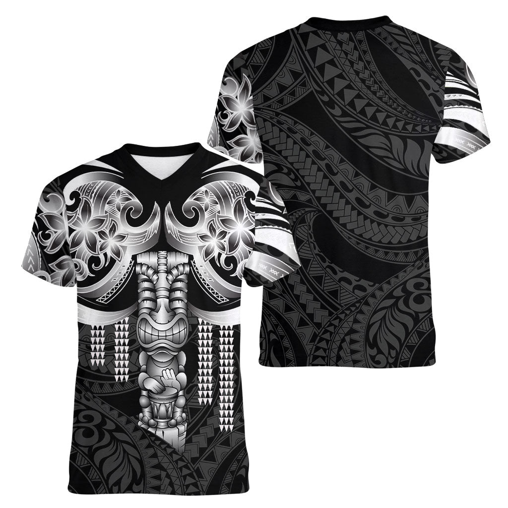 Tiki Drum Hawaii Women V-Neck T-Shirt Hawaiian Kakau Tattoo Style LT14 - Polynesian Pride